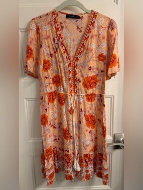 Leani Peach Floral Tie-Waist Mini Dress- Medium
